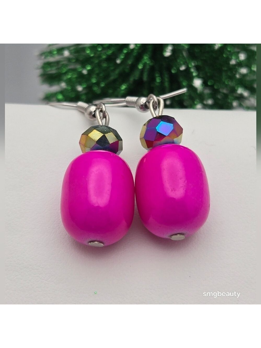 Neon Pink Jade & Aurora Borealis AB Purple Bead Drop Earrings Fuchsia Statement